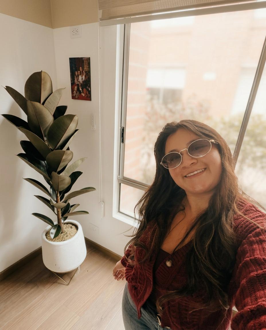 Fundadora de Kim Garden Ambientes junto a un caucho en matera blanca
