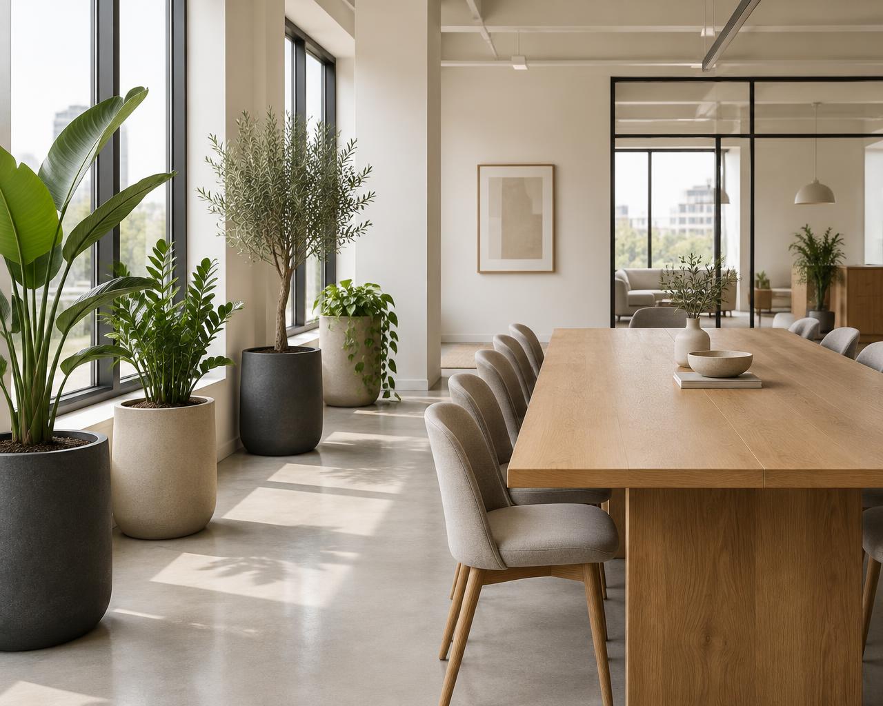 Sala de reuniones con plantas de piso junto a la ventana