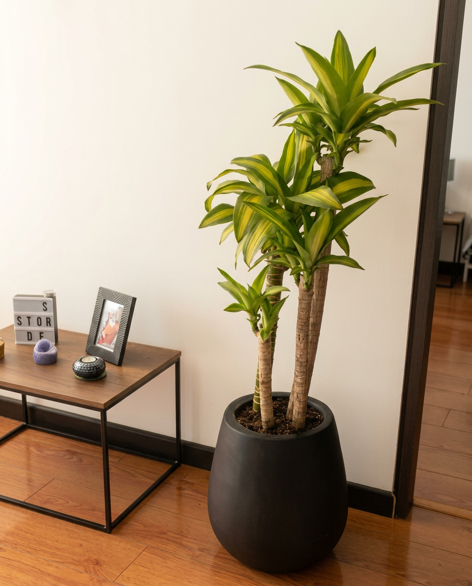 Dracena de tres troncos en matera negra junto a una mesa auxiliar