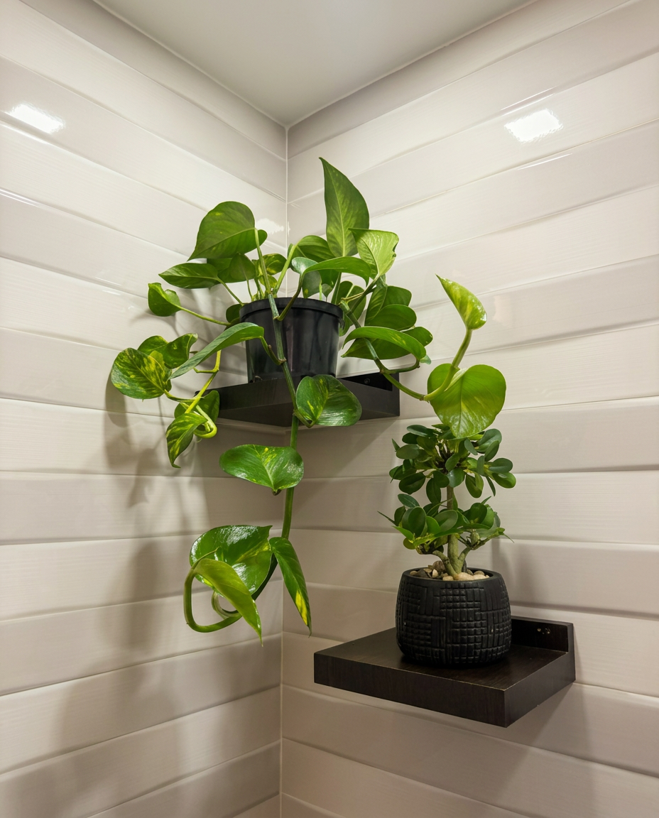 Pothos colgante y ficus pequeño sobre repisas flotantes oscuras