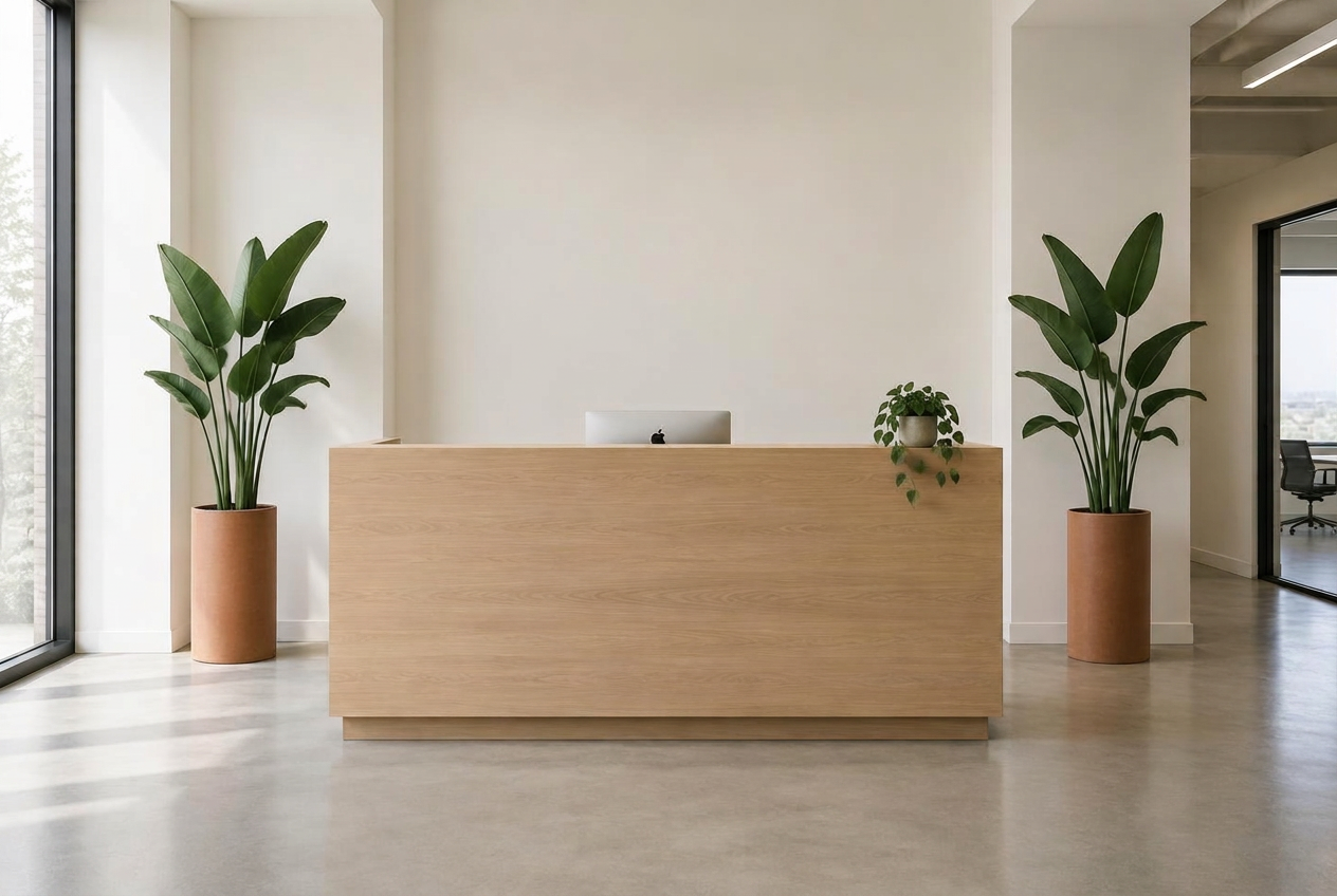 Recepción con dos plantas de piso en materas cilíndricas