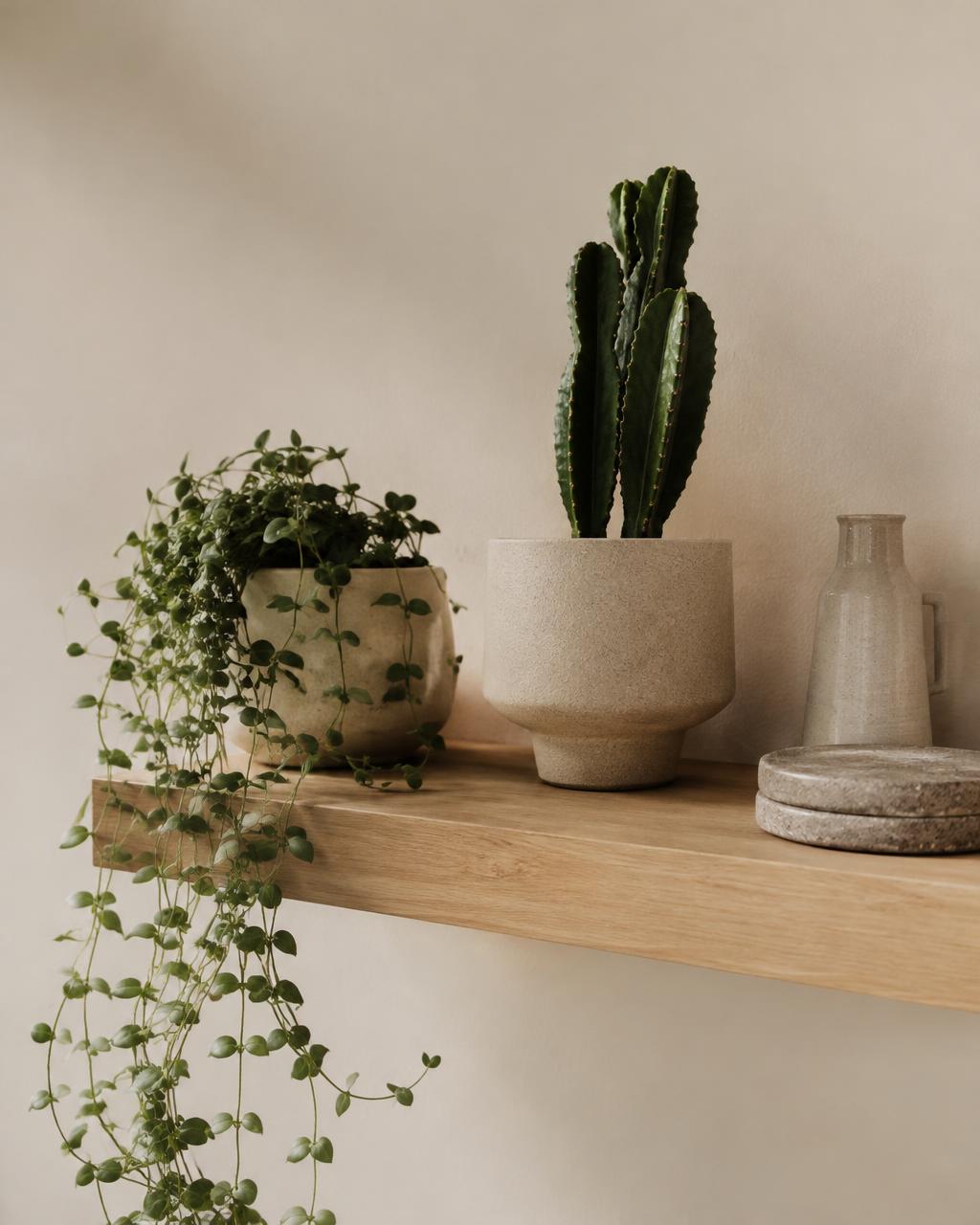 Repisa con colgante y cactus